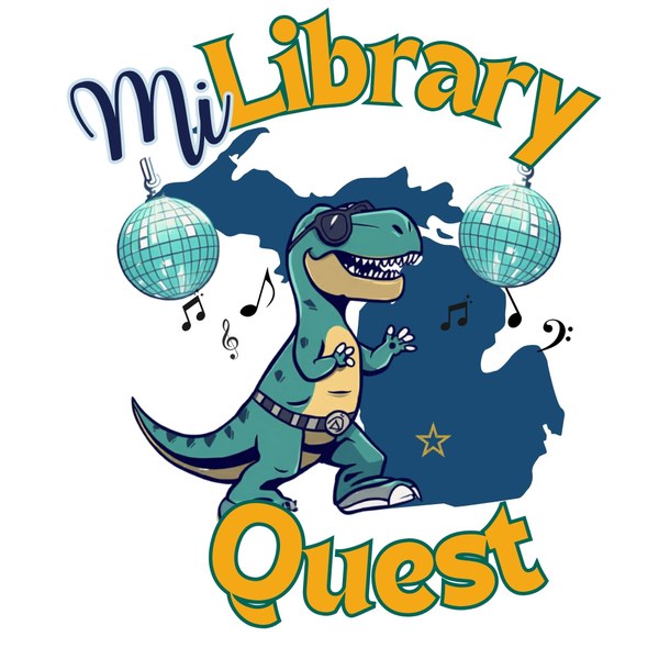 Logo stating "MiLibraryQuest" and images of a dancing dinosaur, disco balls, and the state of Michigan.